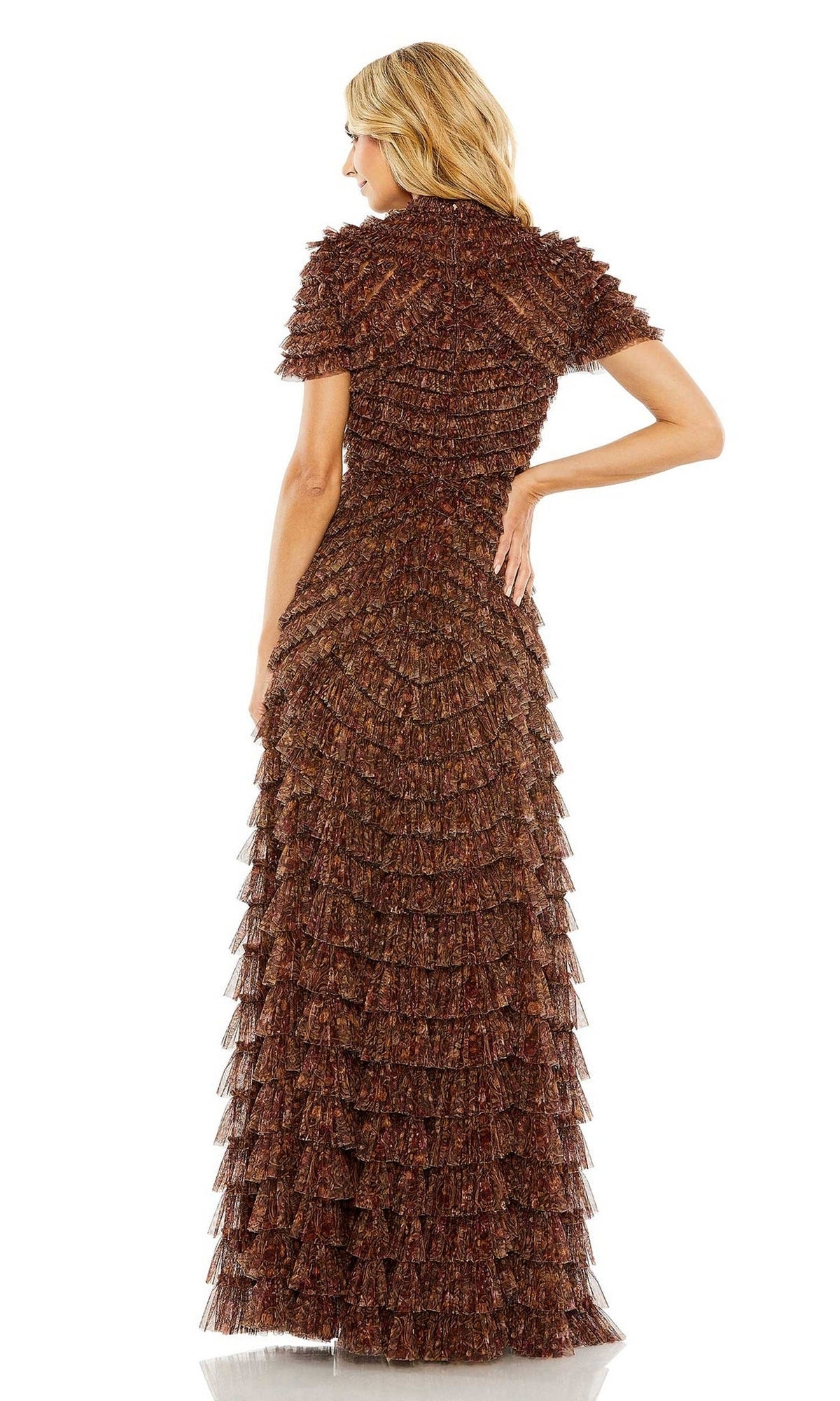 Woman in a floor-length Mac Duggal 8042 brown ruffled formal dress with short sleeves and layered ruffle details, standing with her back to the camera.